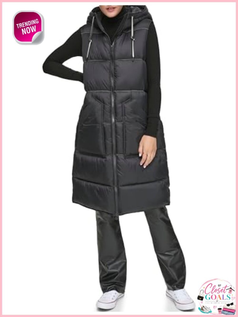Long Quilted Puffer Vest Hooded Drawstring Sleeveless Layering